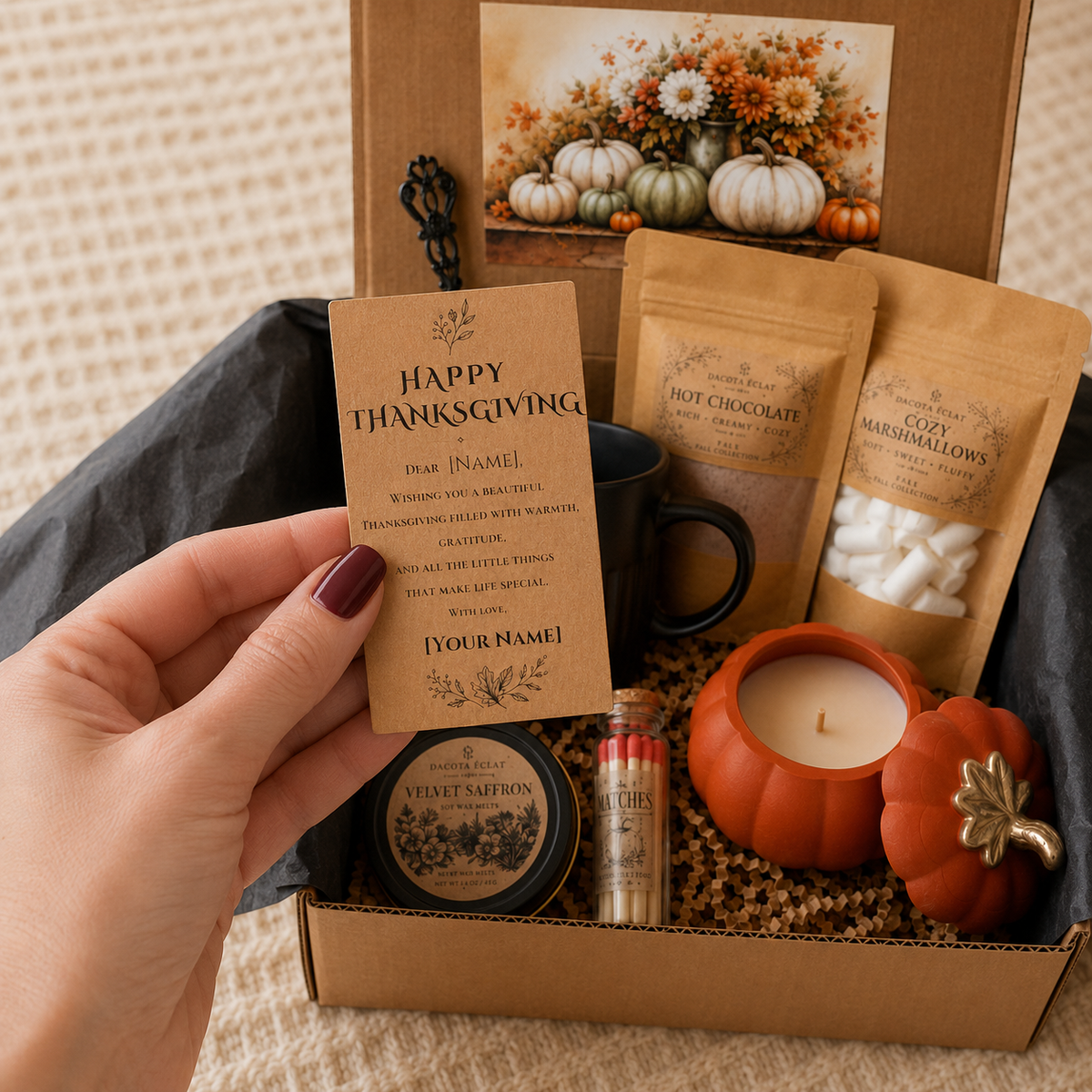 מארז מתנה סתווי יוקרתי Harvest Luxe עם נר בצורת דלעת, שוקו חם וקוביות שעווה ריחניות