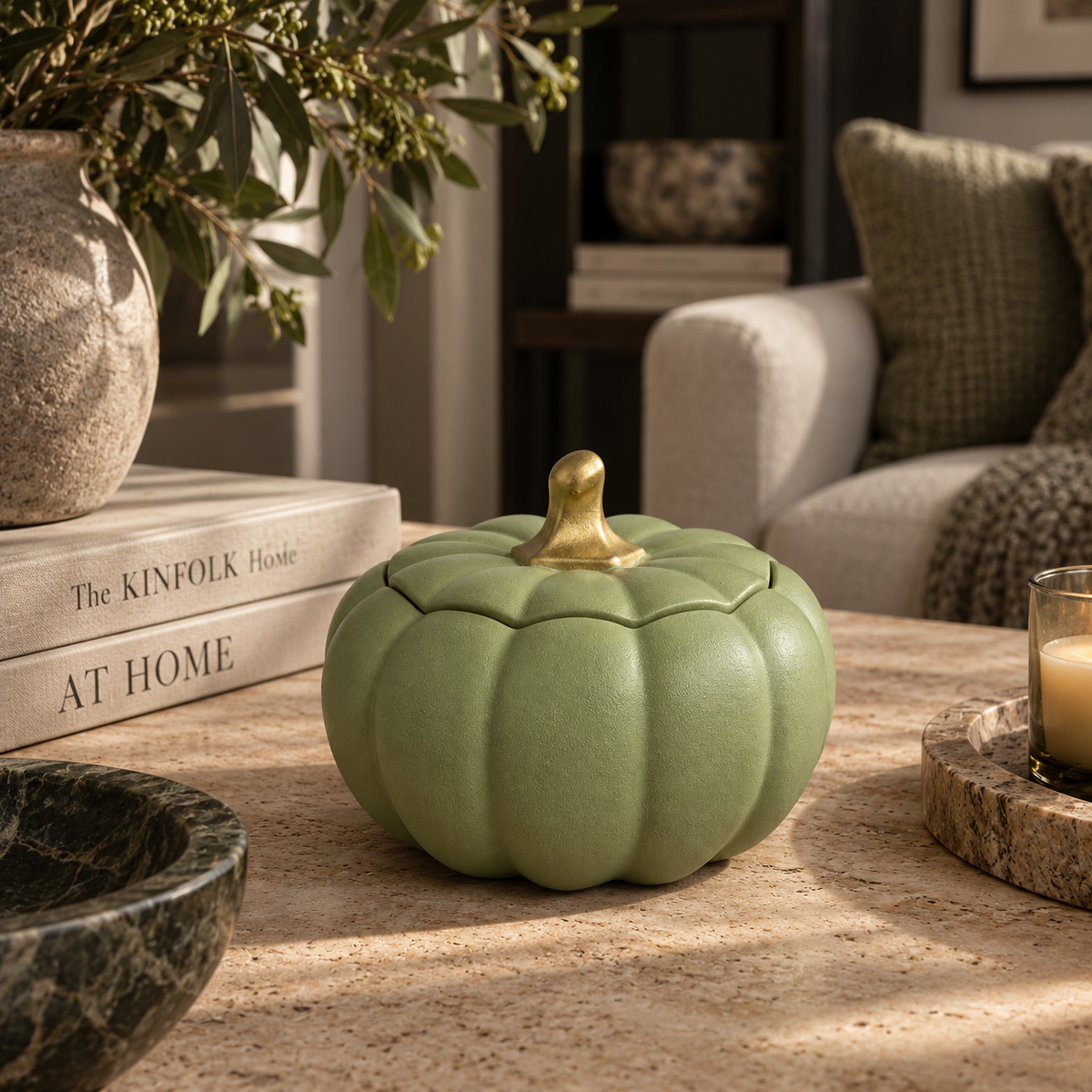 Olive Green Pumpkin Jar Decorative Trinket Box Fall Decor Thanksgiving Centerpiece