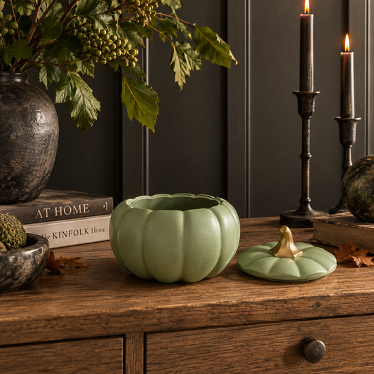 Olive Green Pumpkin Jar Decorative Trinket Box Fall Decor Thanksgiving Centerpiece