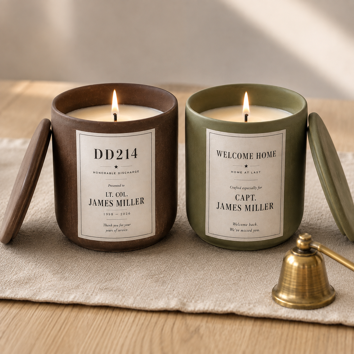 Personalized Military Candle Gift Set with Matches — Veteran, Retirement, DD214, Deployment & Welcome Home Gift