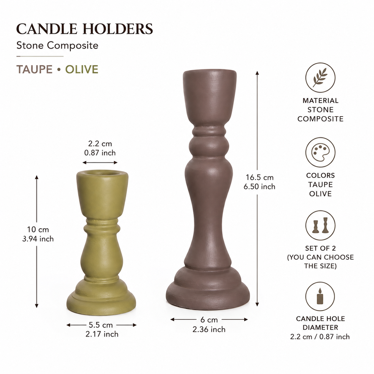 Taper Candle Holders Set of 2, Stone Candlestick Decor