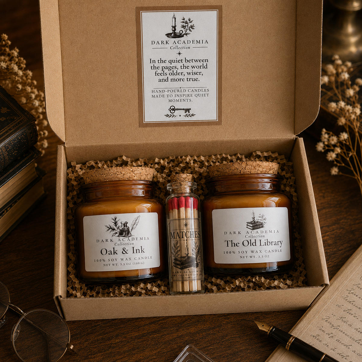 Dark Academia Candle Gift Set Two Soy Wax Candles with Matches Book Lover Gift