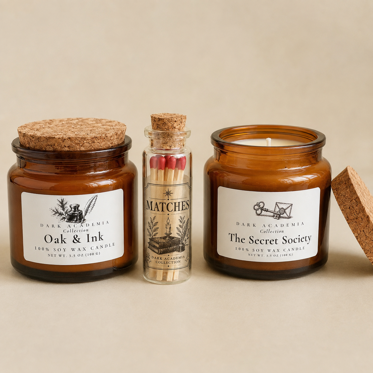 Dark Academia Candle Gift Set Two Soy Wax Candles with Matches Book Lover Gift