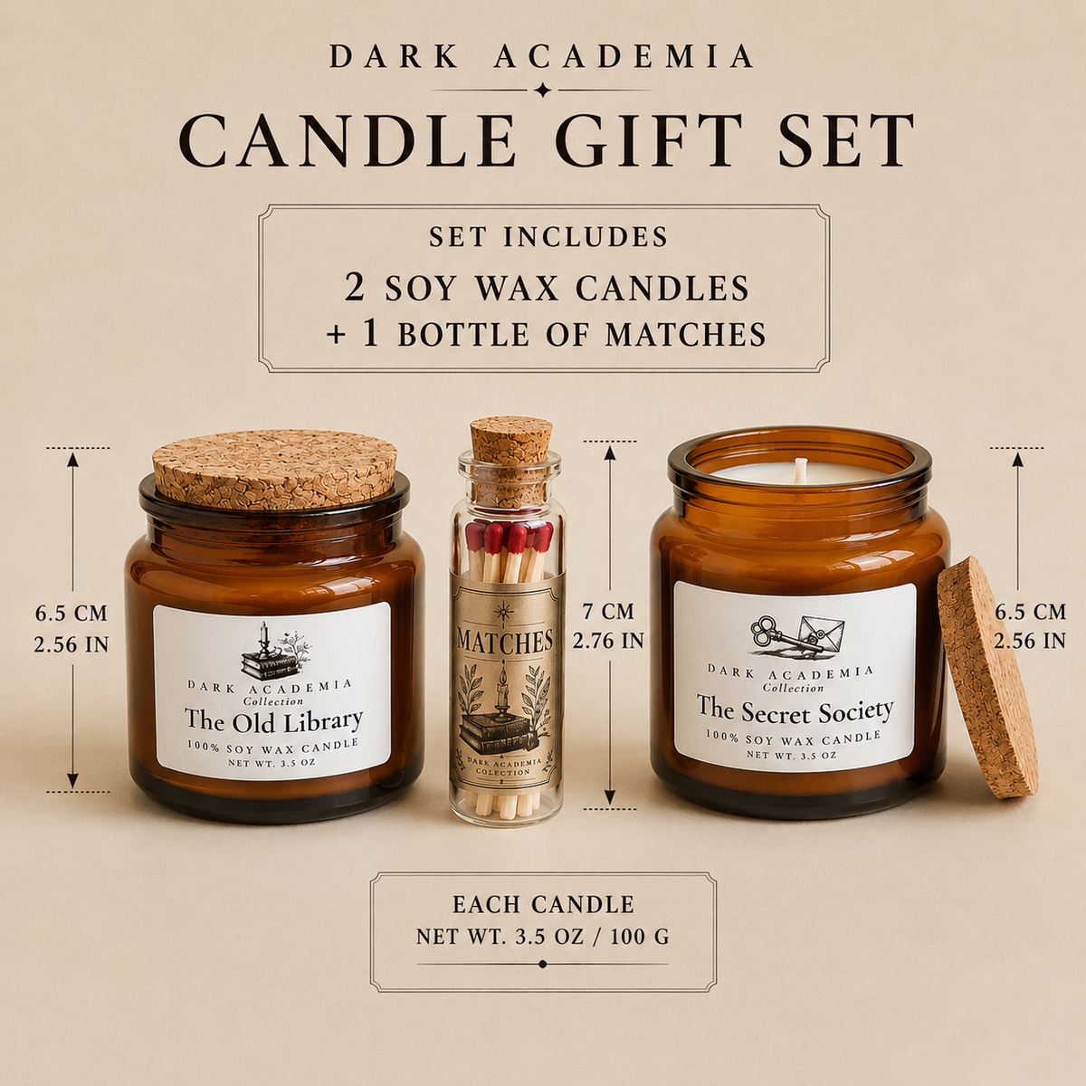 Dark Academia Candle Gift Set Two Soy Wax Candles with Matches Book Lover Gift