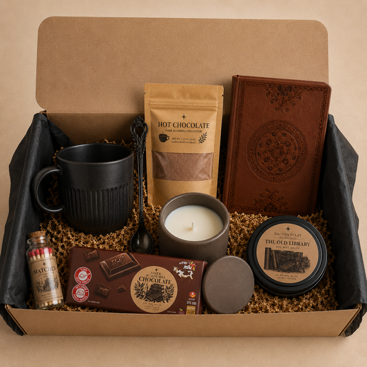 Deluxe Dark Academia Gift Box Candle Mug Journal Hot Chocolate Set