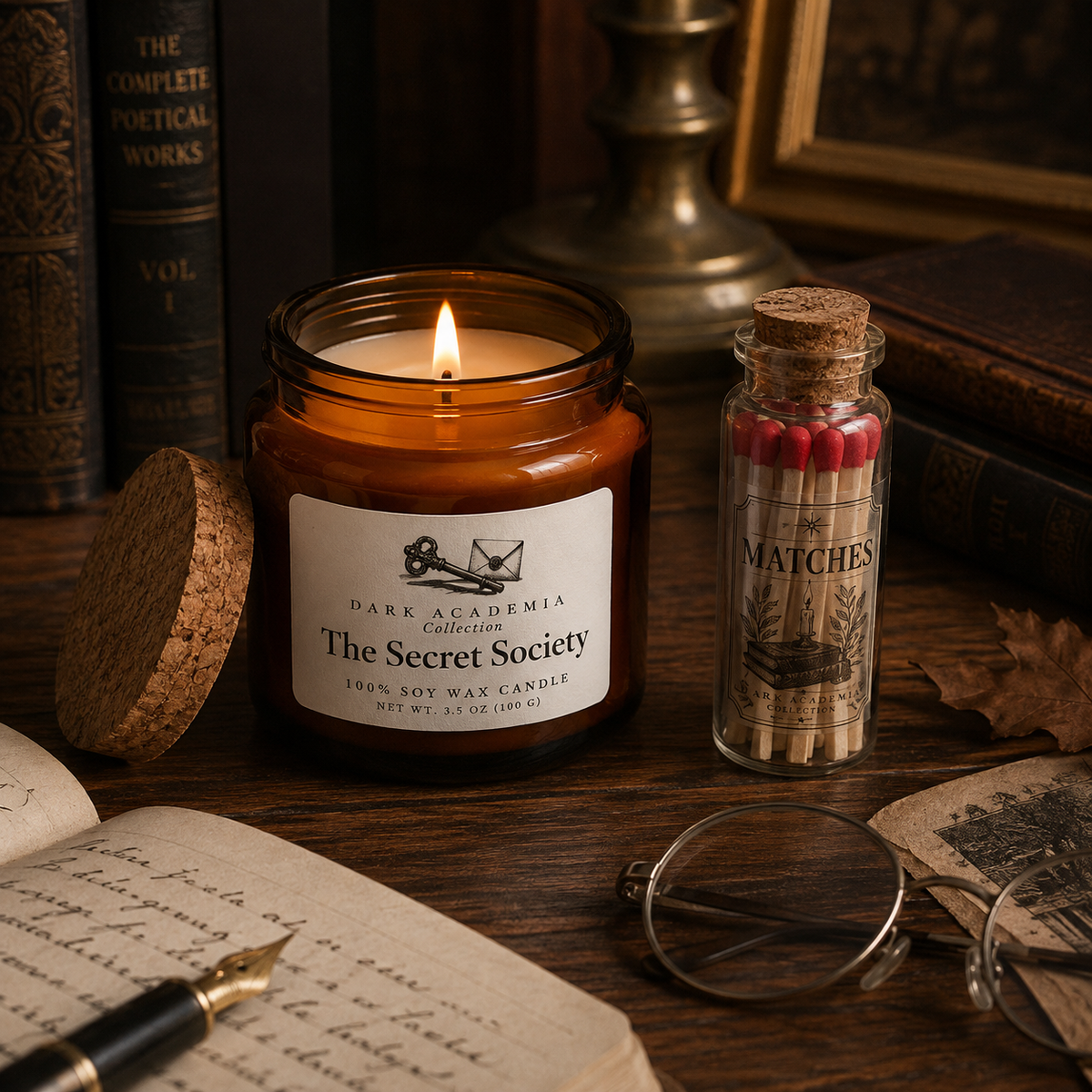 Dark Academia Candle Gift Set Two Soy Wax Candles with Matches Book Lover Gift