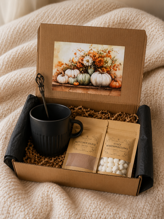 מארז מתנה סתווי Autumn Essentials עם ספל, שוקו חם ומרשמלו