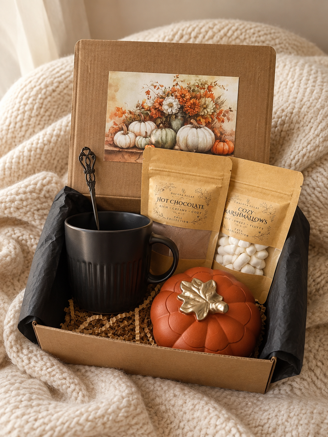 Pumpkin Nights Fall Gift Box with Pumpkin Candle Mug and Hot Chocolate