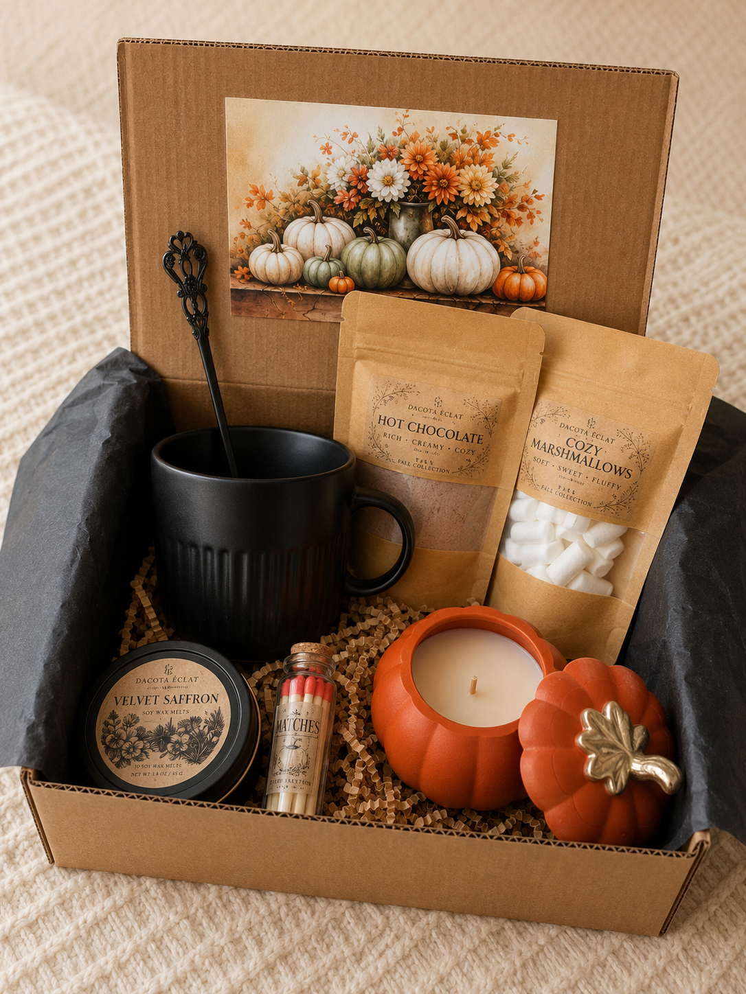 מארז מתנה סתווי יוקרתי Harvest Luxe עם נר בצורת דלעת, שוקו חם וקוביות שעווה ריחניות