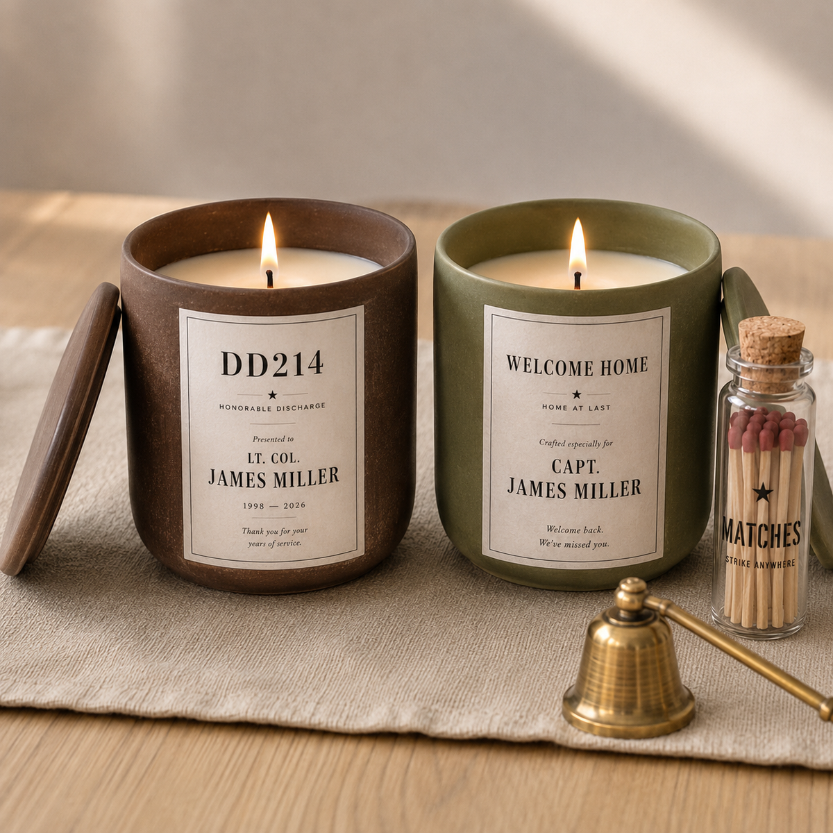 Personalized Military Candle Gift Set with Matches — Veteran, Retirement, DD214, Deployment & Welcome Home Gift