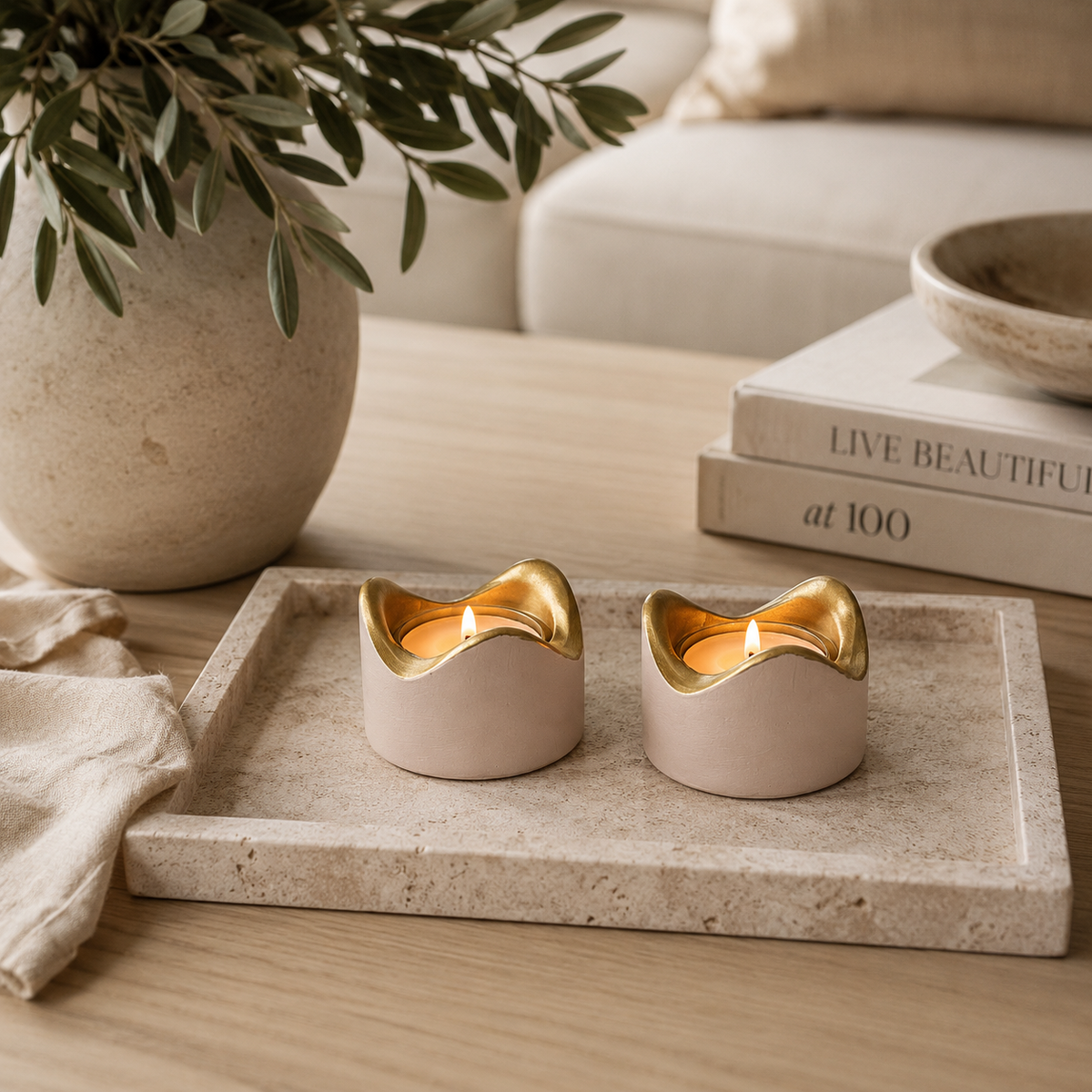 Wavy Tealight Candle Holder Set of 2, Gold Rim