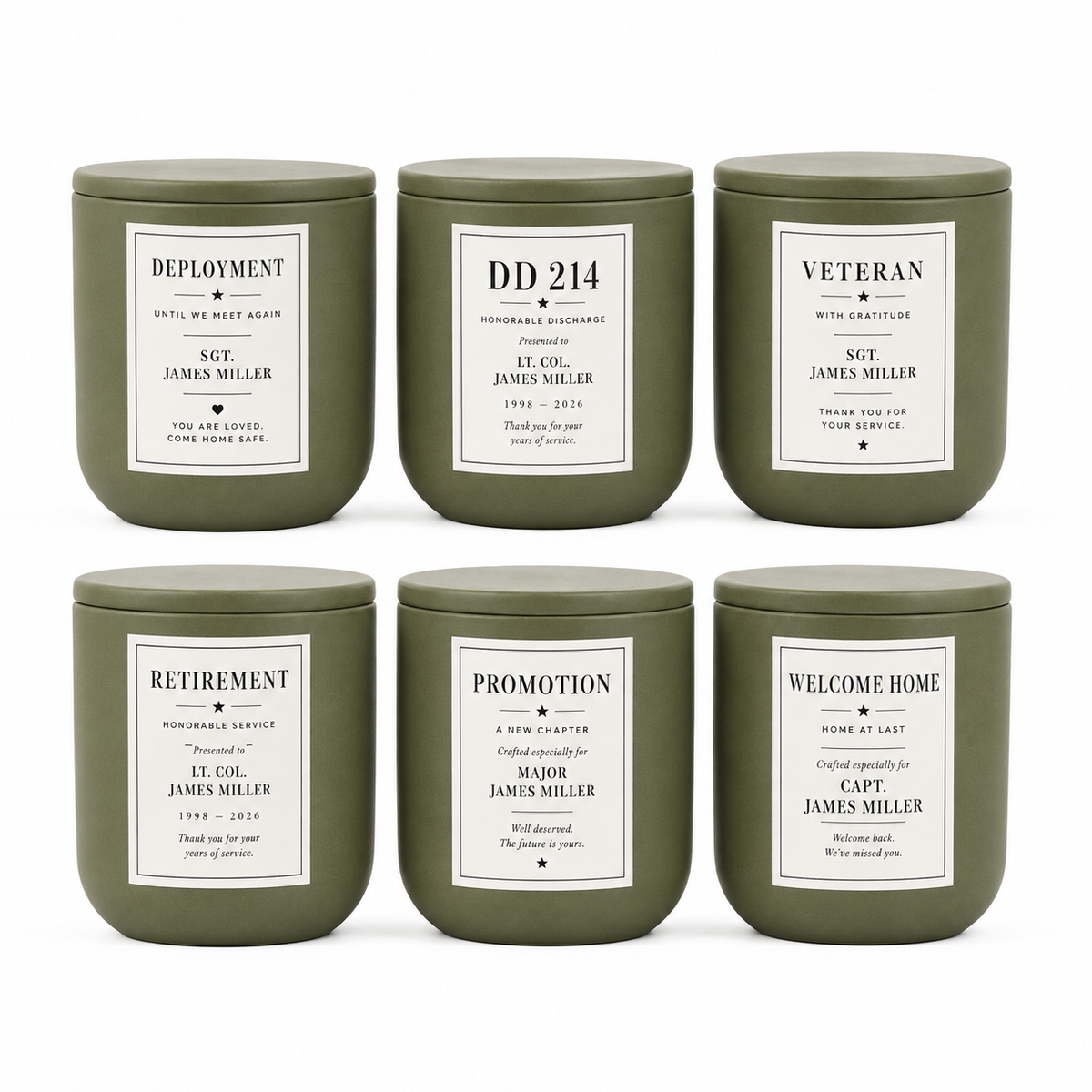 Personalized Military Candle Gift Set with Matches — Veteran, Retirement, DD214, Deployment & Welcome Home Gift