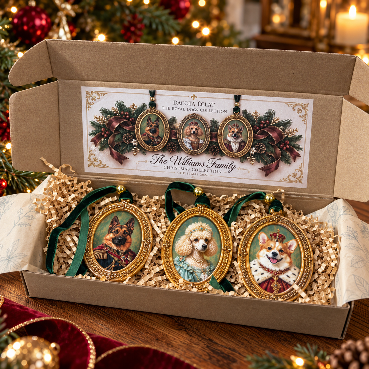 Royal Dog Christmas Ornament Set, Personalized Gift Box