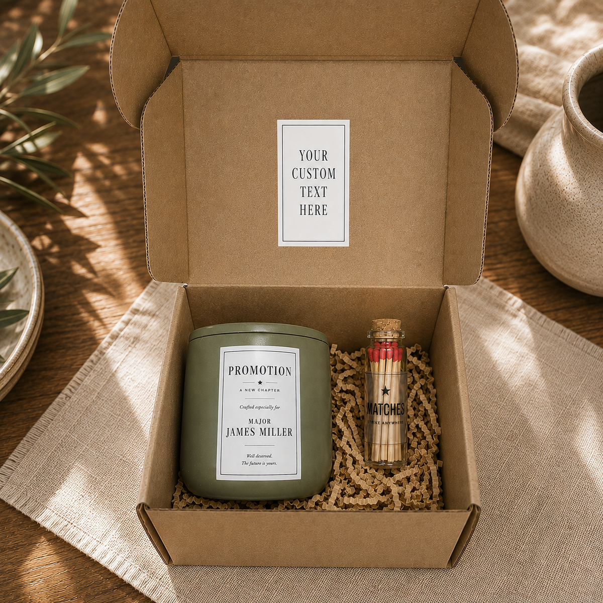 Personalized Military Candle Gift Set with Matches — Veteran, Retirement, DD214, Deployment & Welcome Home Gift