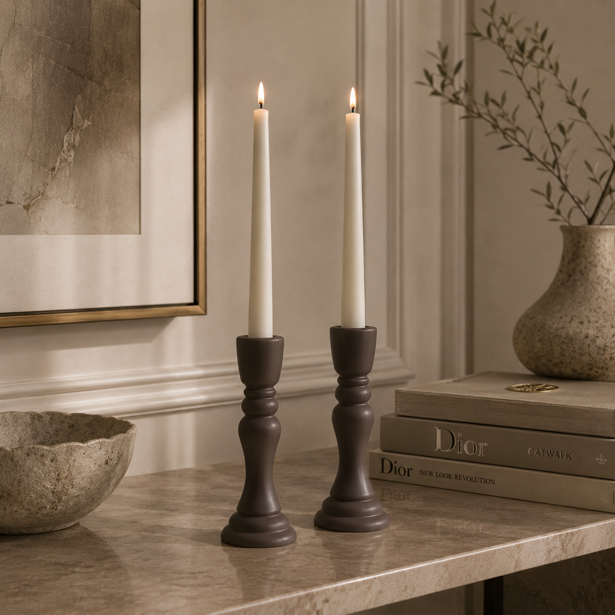 Taper Candle Holders Set of 2, Stone Candlestick Decor