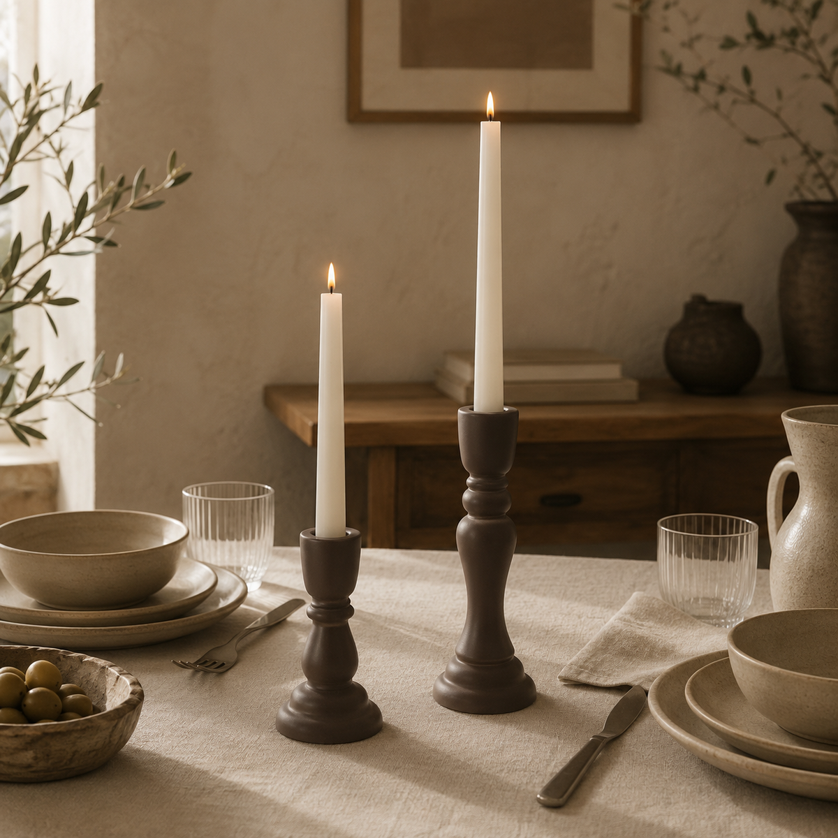 Taper Candle Holders Set of 2, Stone Candlestick Decor